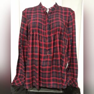 Gap- Red & Black Long Sleeved Pleated Front Tunic Top, Size Small